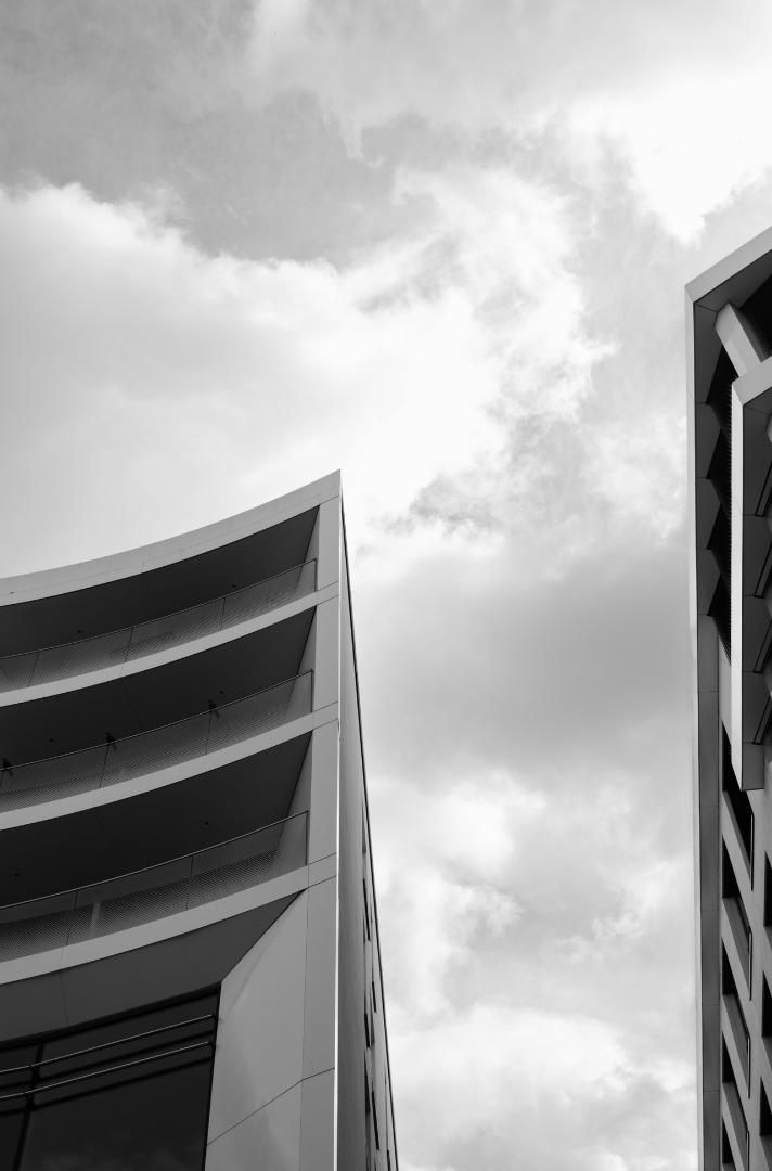 Architecture against an open sky, black and white